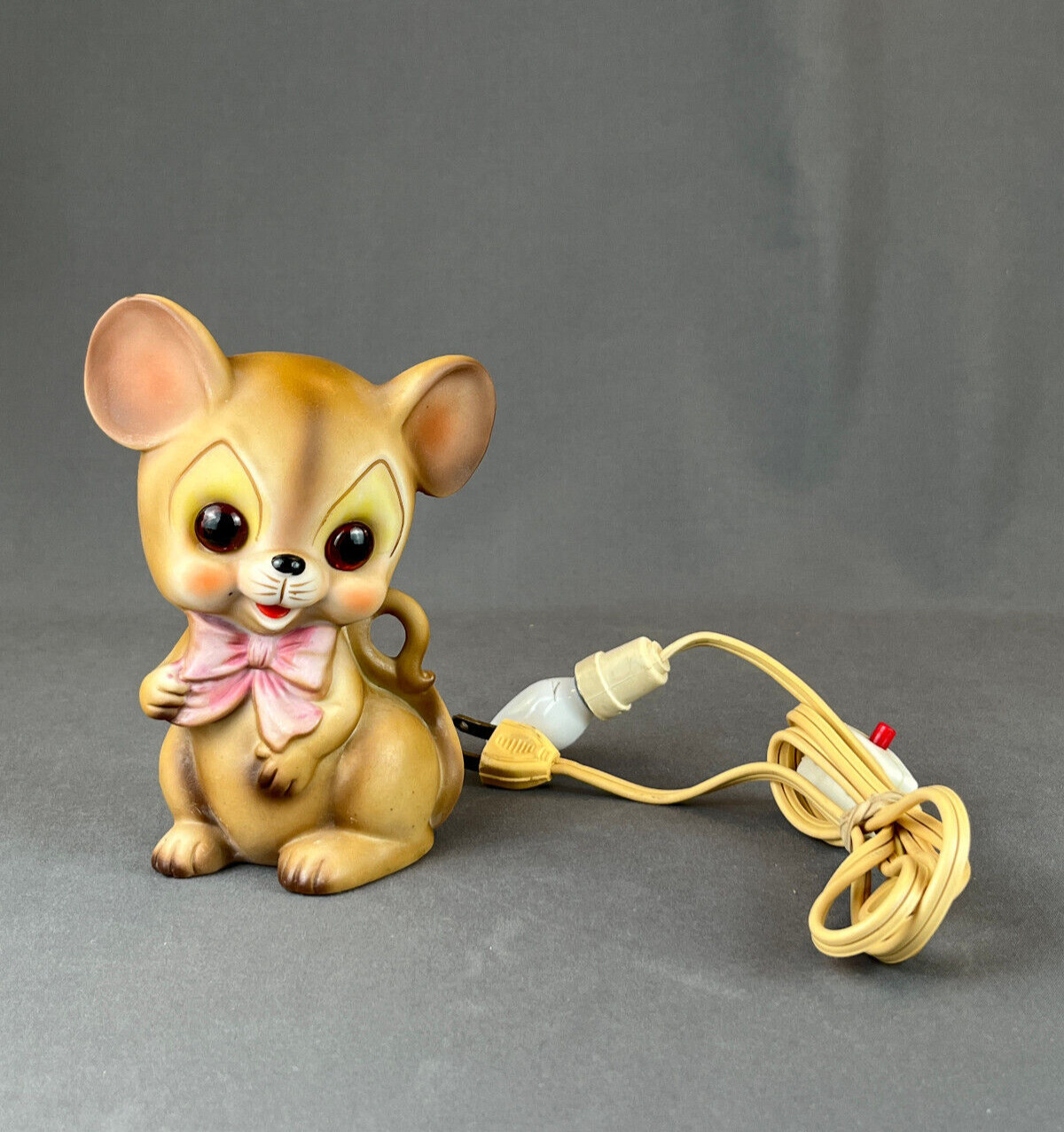 Vintage Josef Original MOUSE WITH PINK BOW 6" Ceramic Night Light  ~ Working