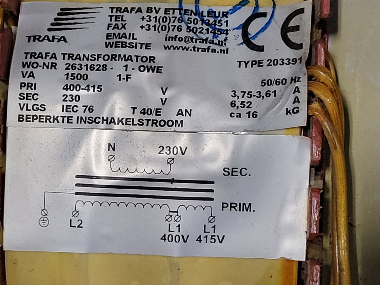 Trafa Transformer 203391 Primary 400-415VAC Secondary 230V Vitronics Soltec