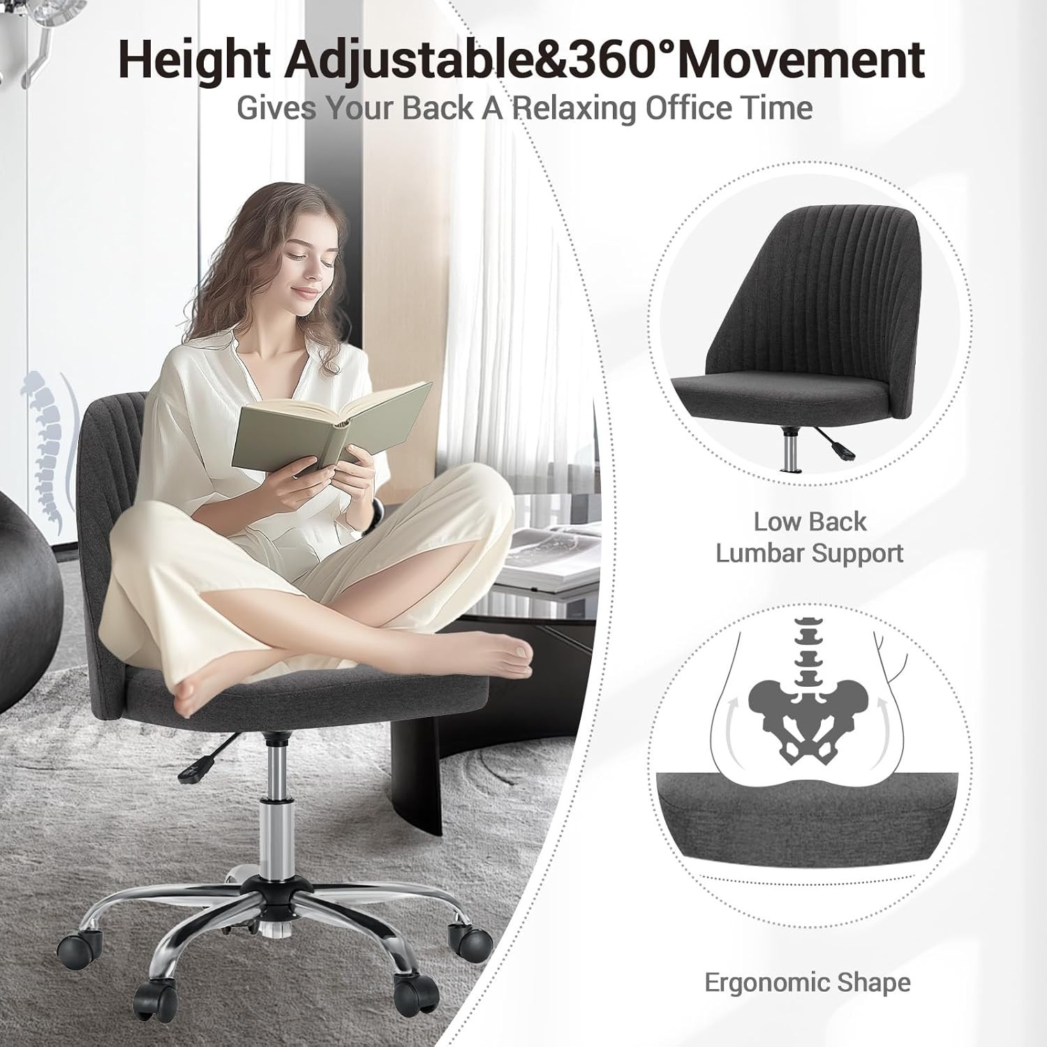 Armless Office Chair Cute Desk Chair Fabric Home Office Desk Chairs with Wheels