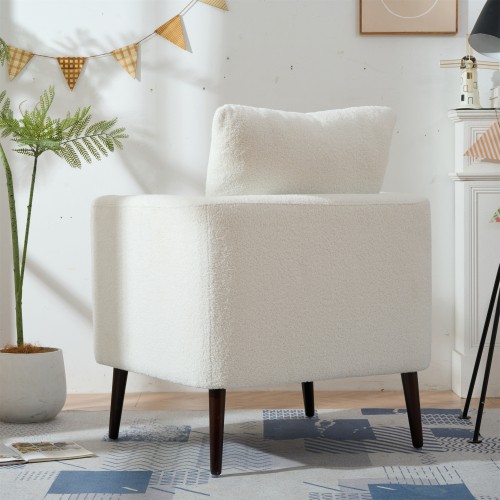 White Teddy Fabric Upholstered Club Chair Solid Wood Legs Lumbar Pillow Single