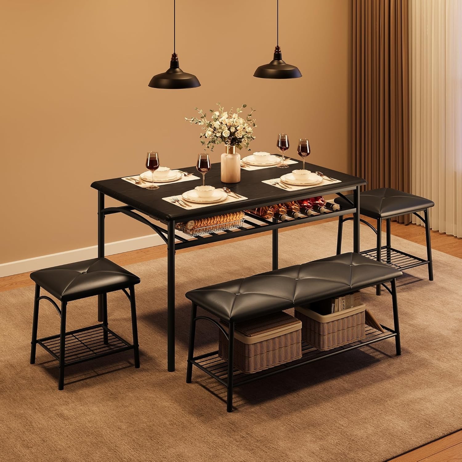 Dining Table Set 4 Kitchen Table W/ Upholstered Bench & 2 Chairs Kitchen Table