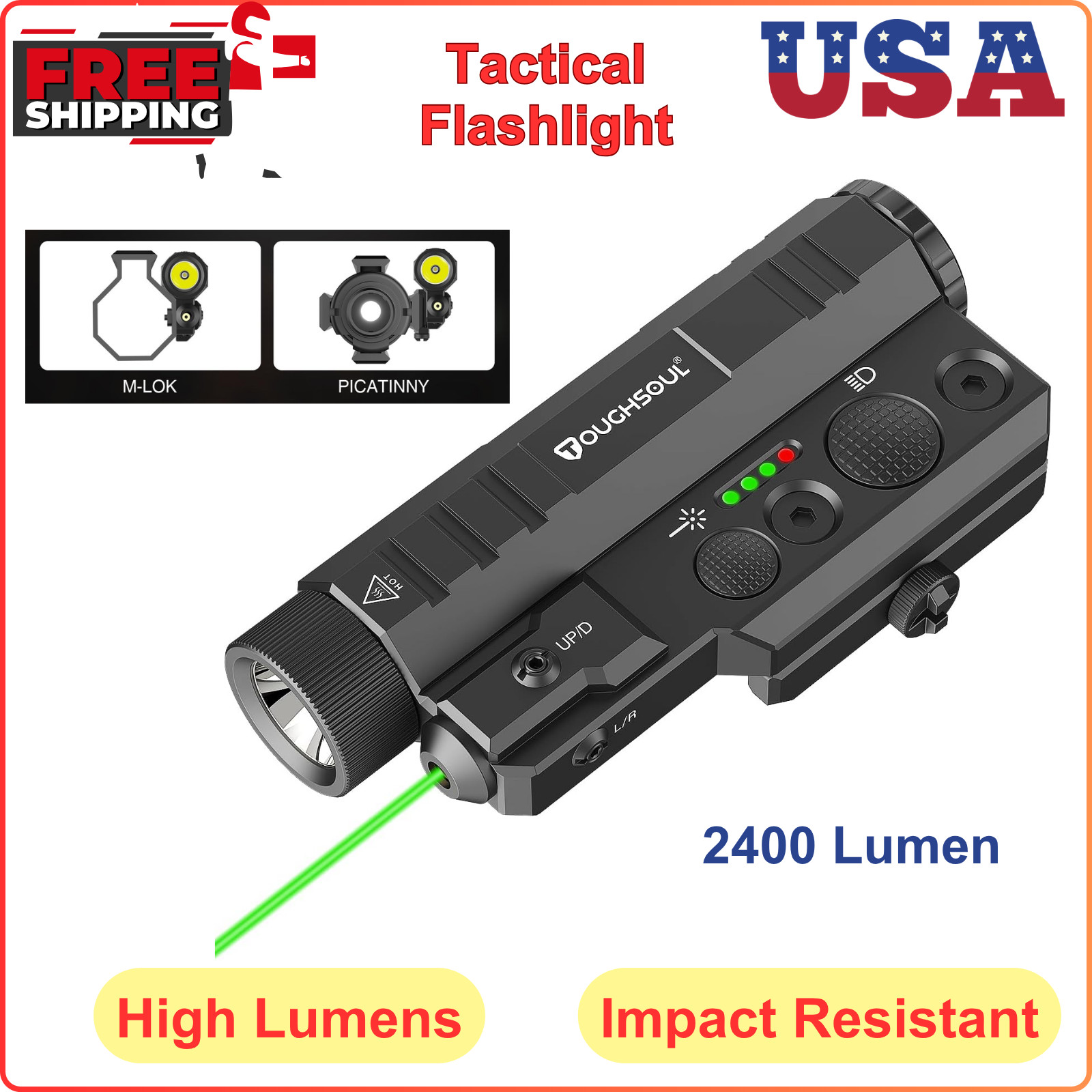 TOUGHSOUL Mlok Picatinny Tactical Flashlight Laser Sight Combo 2400 Lm Max Light