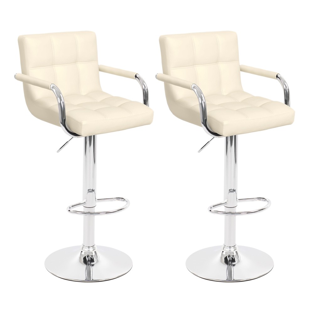 Height Adjustable Beige PU Bar Stools Set of 2 Comfortable Cushioned Seat