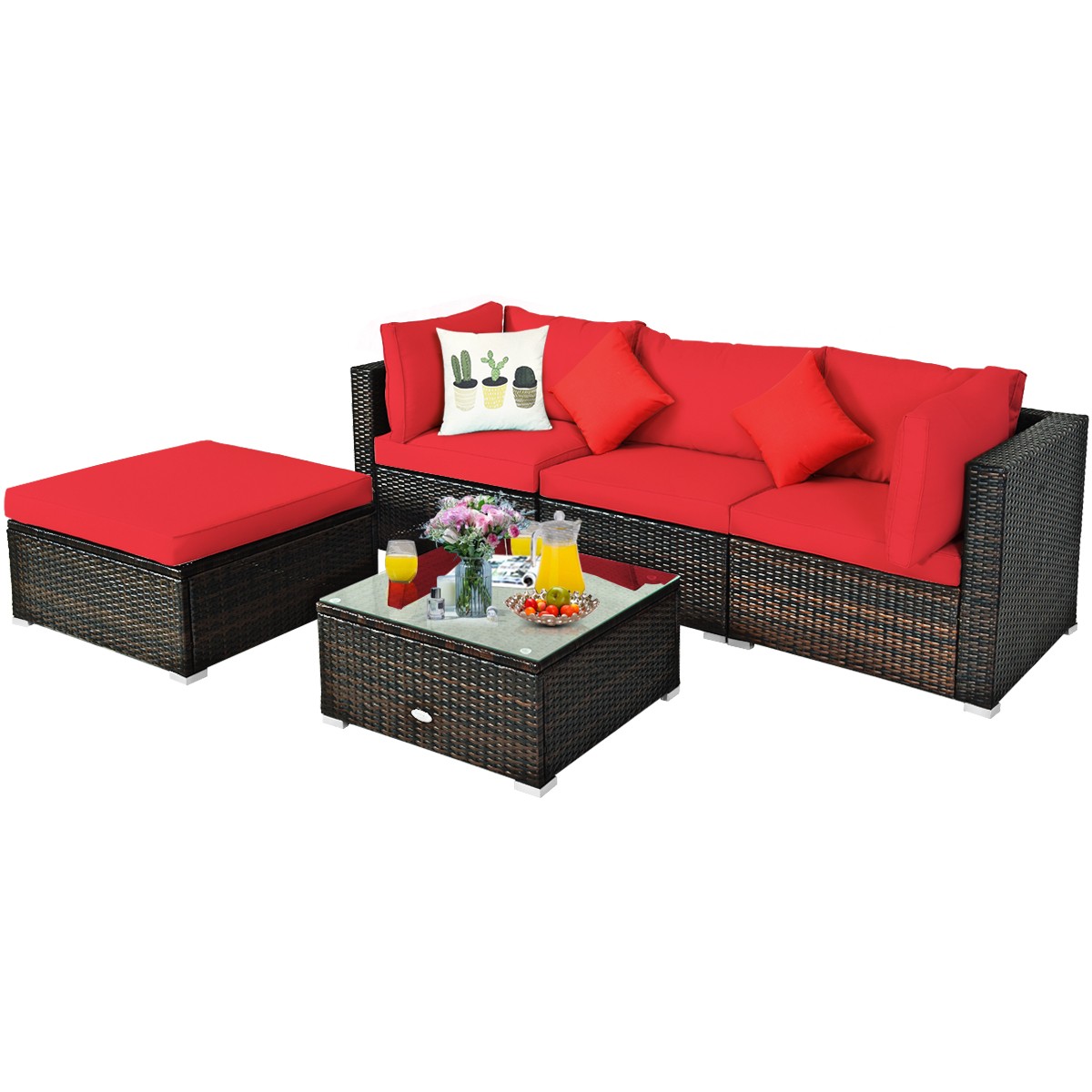 Patiojoy 5PCS Outdoor Rattan Furniture Set Sectional Wicker Sofa Set w/ Cushions