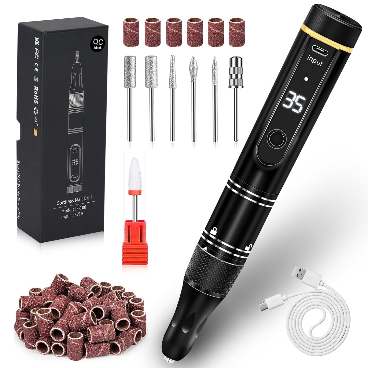 Nail Drill Cordless 35000RPM Rechargeable Professional Electric Black