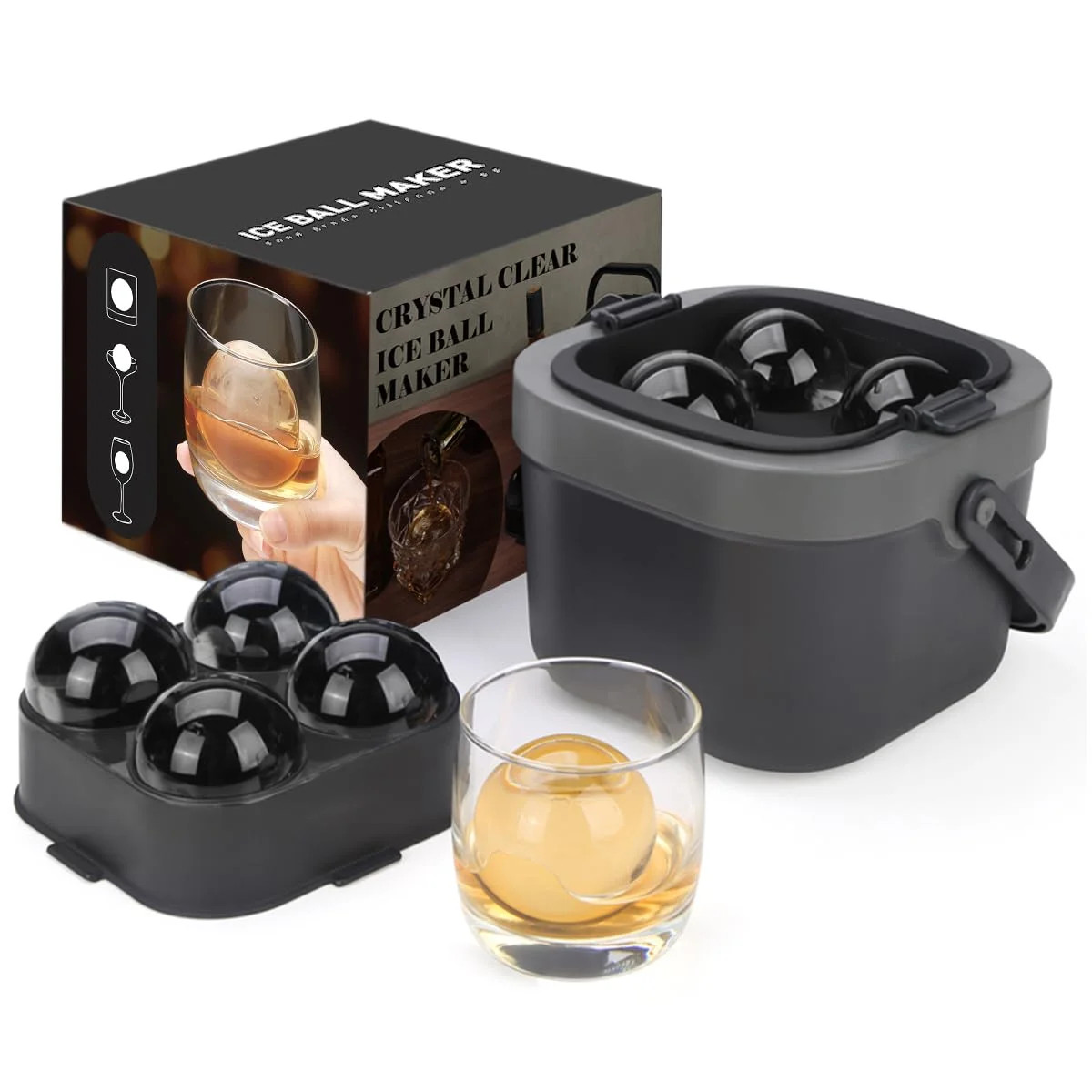 Crystal Clear Ice Ball Maker, 4 Large 2.4" Clear Sphere Ice Cube Mold for Whiske