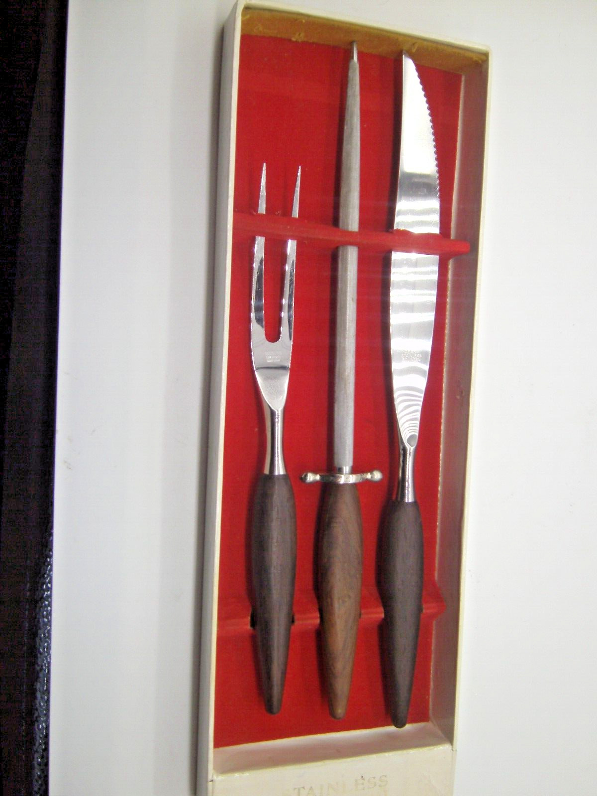 Vtg Solingen Germany Carving MODERN 3pc Set Knife Fork Sharpener Wood Handle 60s