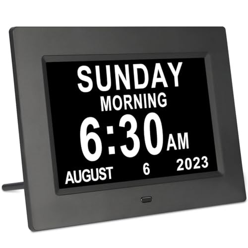 7 Inch Digital Day of The Week Clock Extra Large Non-Abbreviated 7 Inch Black