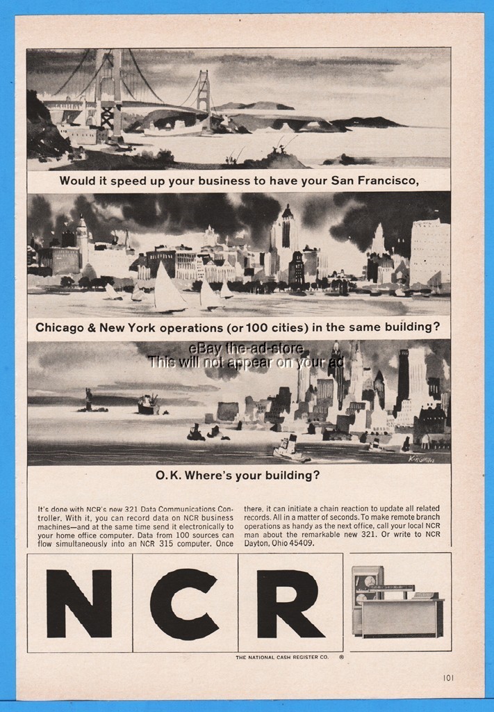 1965 NCR National 315 Computer Data Communications Controller Cities Art Ad