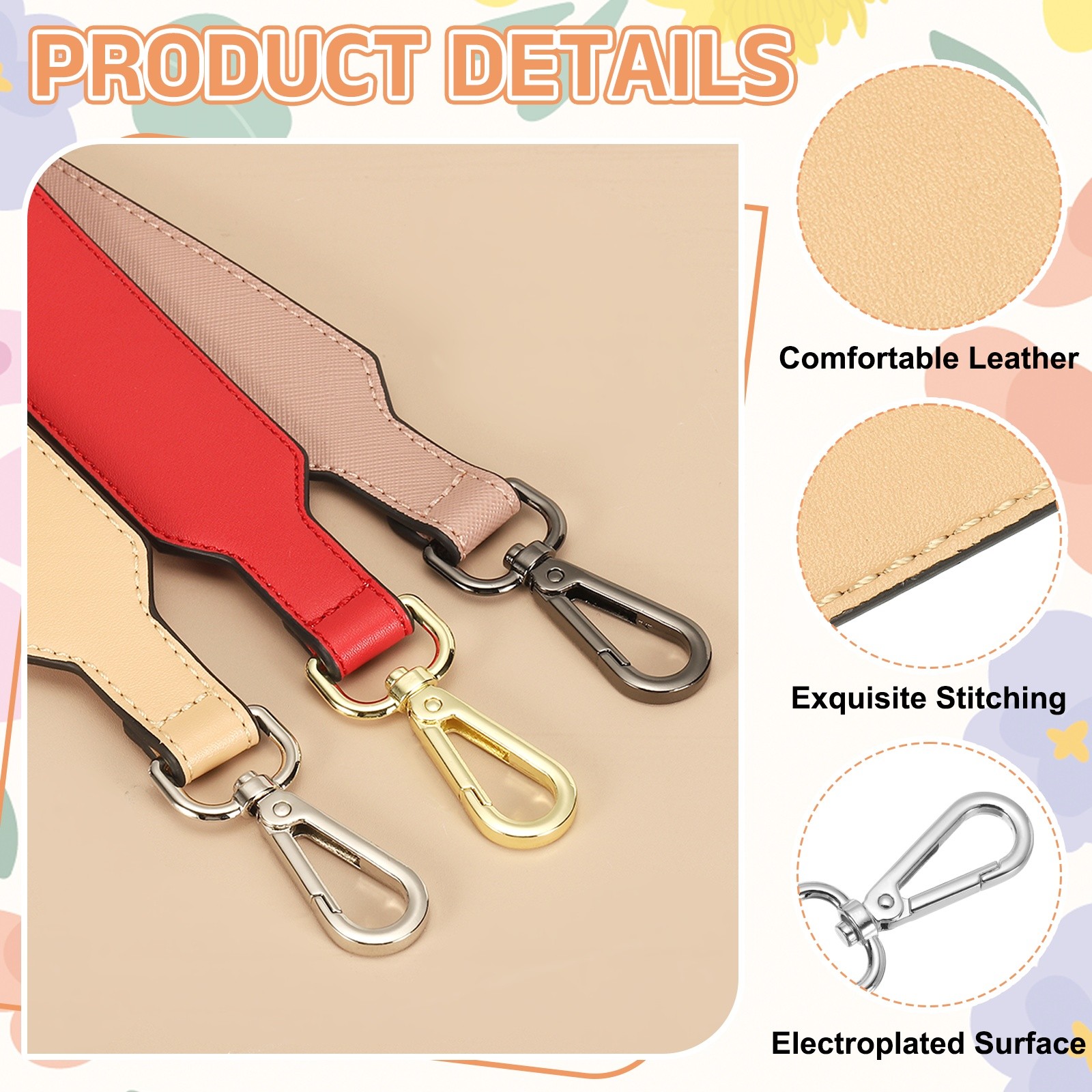 16 Inch Leather Purse Strap, Plain Pattern with Silver Buckle, Apricot