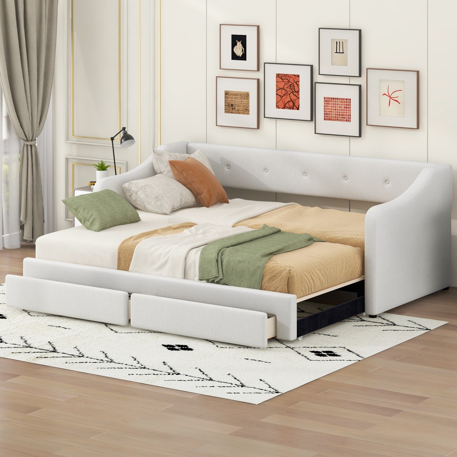 Twin XL Size Daybed Linen Upholstered Bed Frame Sofa Bed w/ Trundle & 2 Drawer