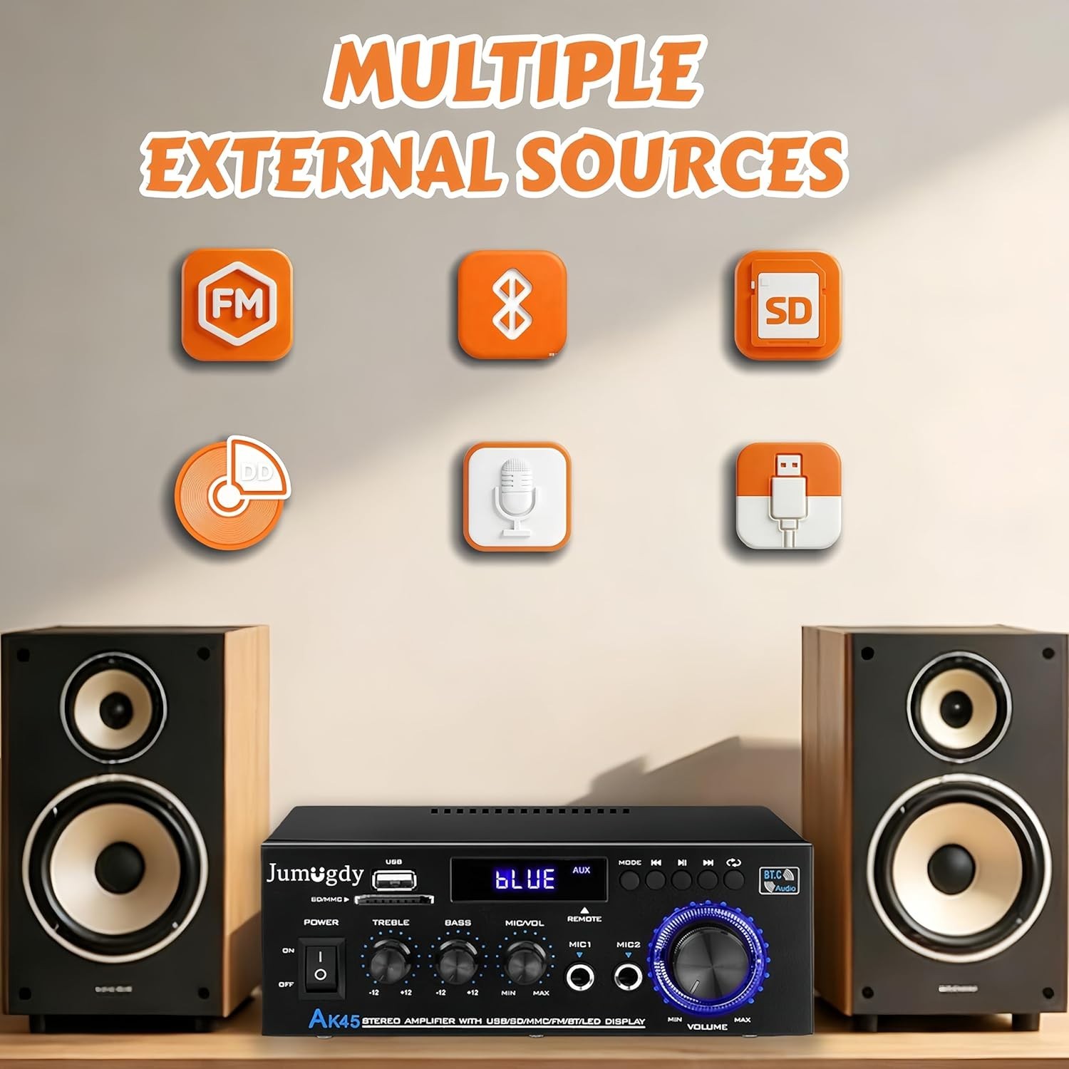 Compact 800W Stereo Receiver & Amplifier with Bluetooth, FM Radio & USB Inputs