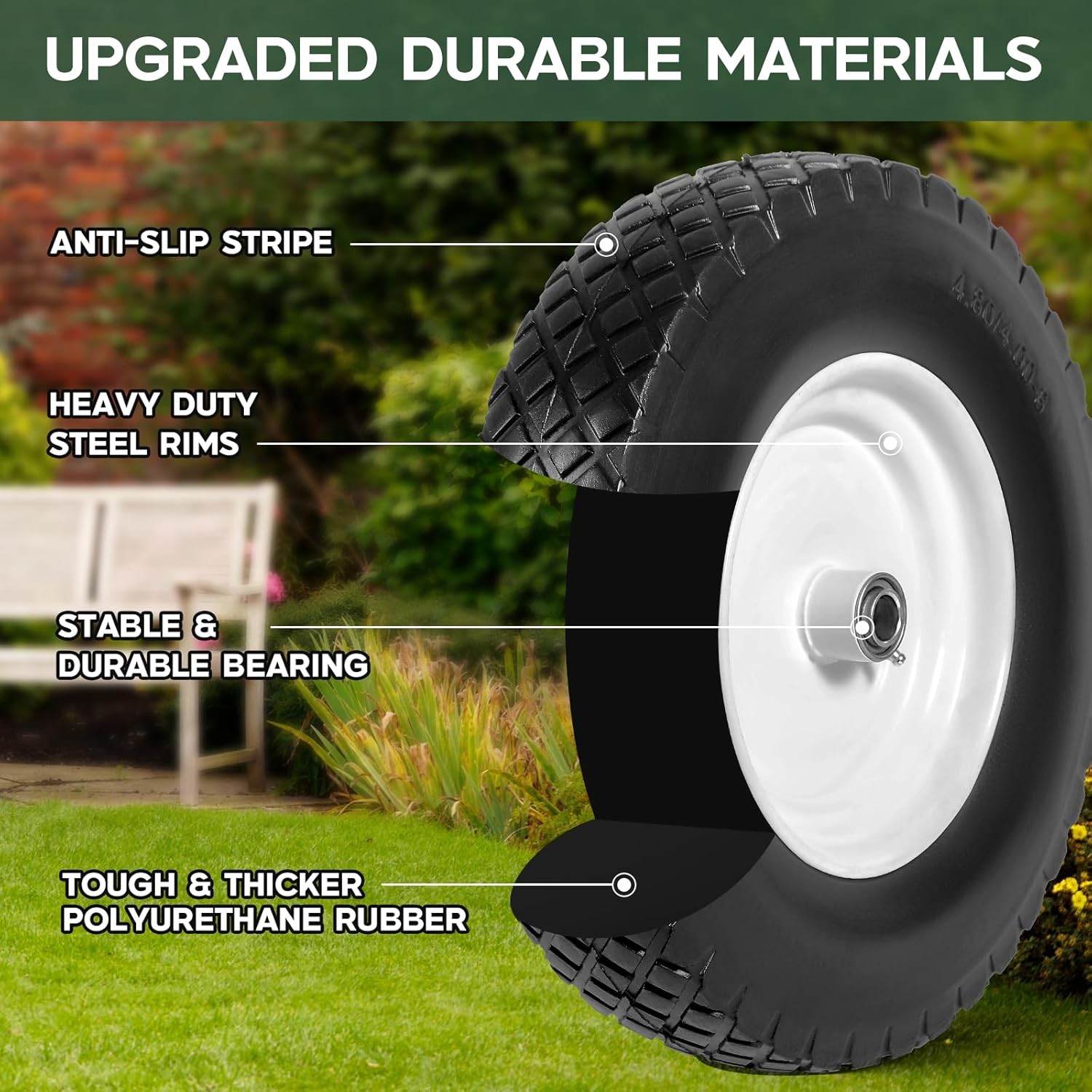 2 PCS 16 Inch Rubber Solid Flat Free Replacement Tires and Wheels 4.80/4.00-8
