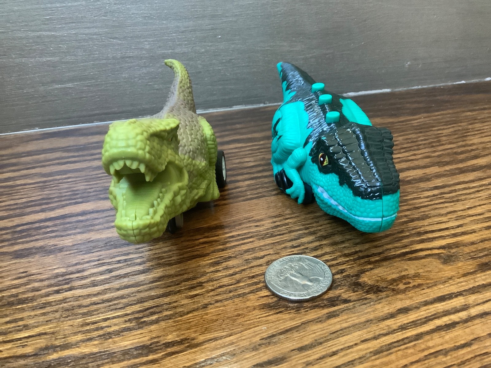 Roaring Dinosaur Pull Back 6 1/2" & Green Dinosaur on Wheels 6 1/4" Long