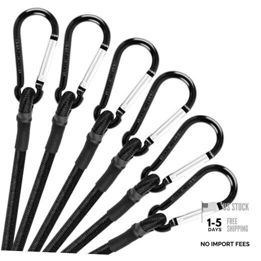 12 Inch Bungee Cord with Carabiner Hook, 1/3 Inch Thick Black Bungee Cords