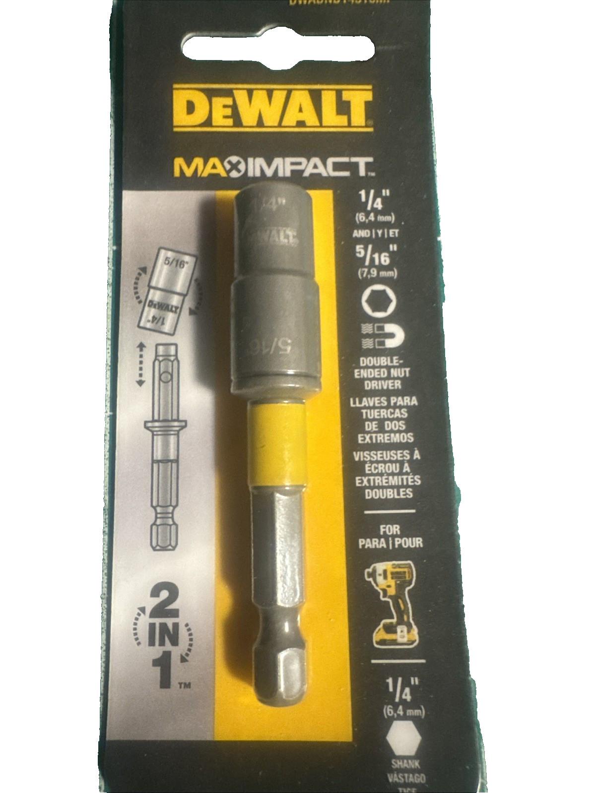 DeWALT MAX Impact Double Ended Magnetic Nut Driver (1/4” & 5/16”) 2 In 1 NEW