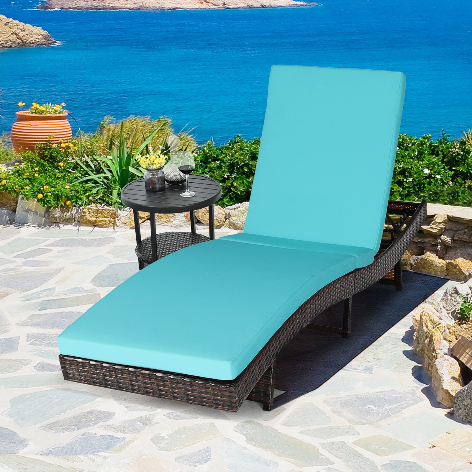 Foldable Patio Rattan Chaise Lounge Chair w/5 Back Positions Turquoise Cushion