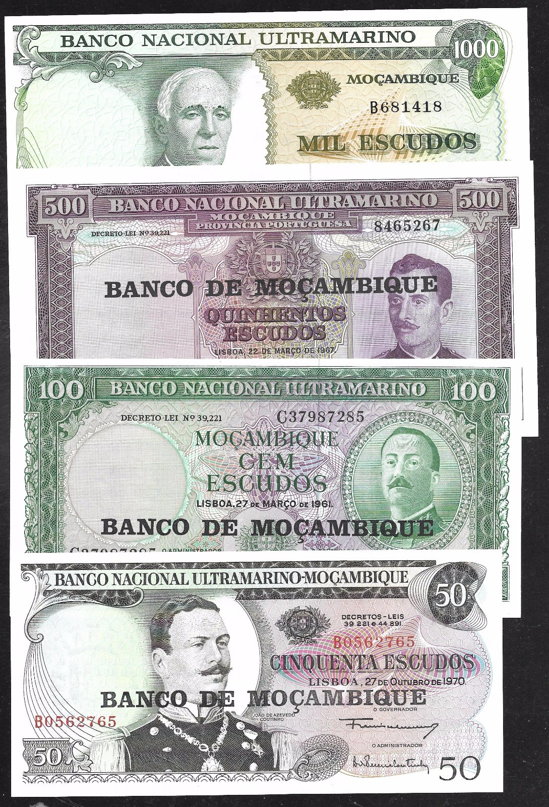 Mozambique - Set/4 CU Notes - 50/100/500/1000 Escudos -1970(1976)