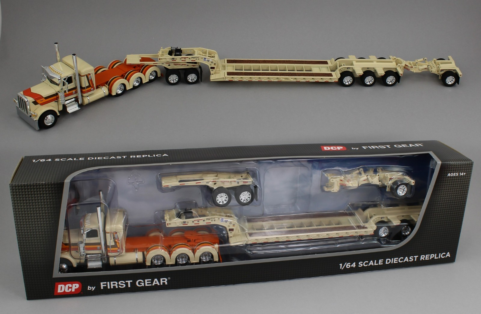 DCP 1:64 *BEIGE ORANGE* Peterbilt 389 36" Flattop HEAVY HAUL Lowboy Jeep Stinger