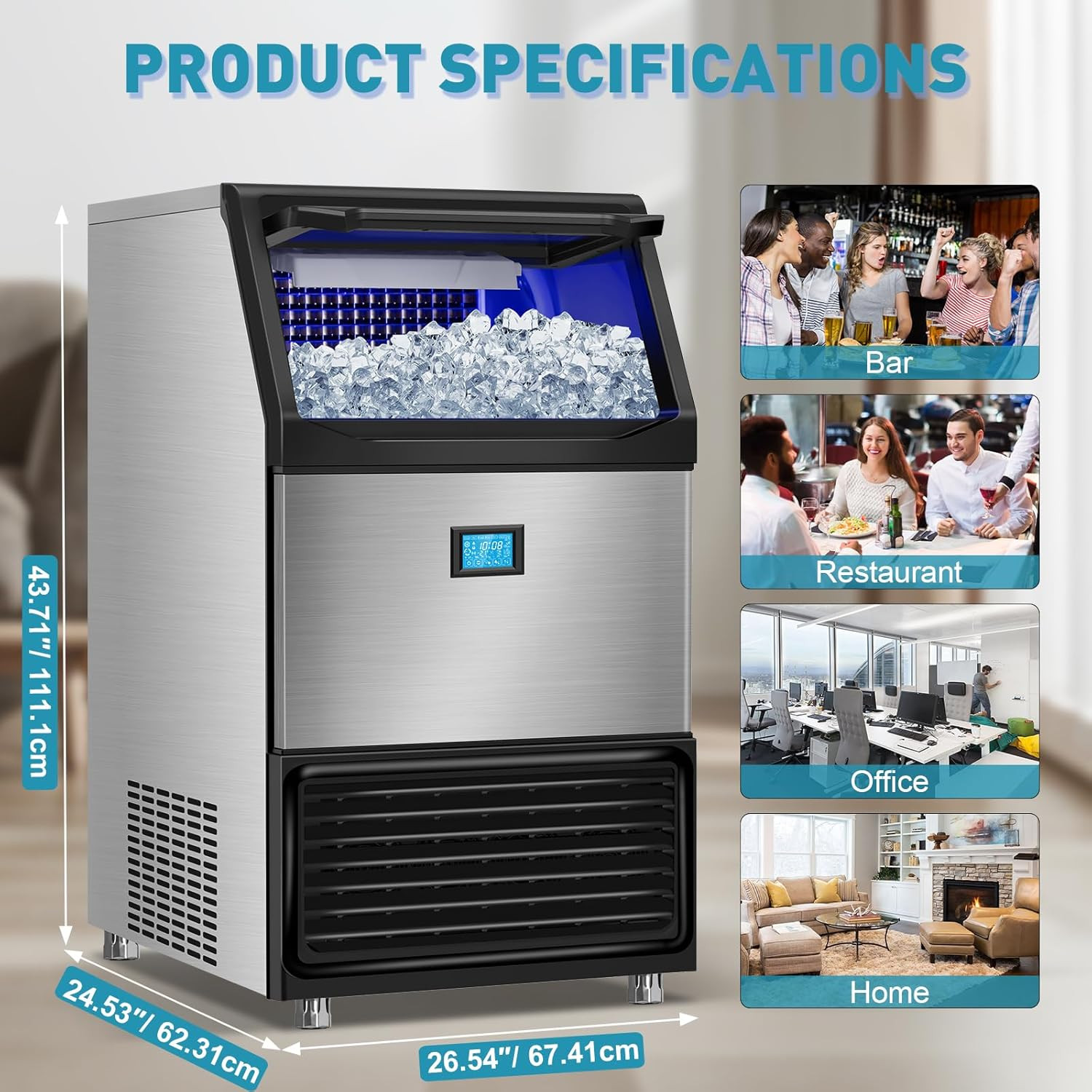 Commercial Ice Maker Machine 550LBS/24H with 185LBS Storage Bin