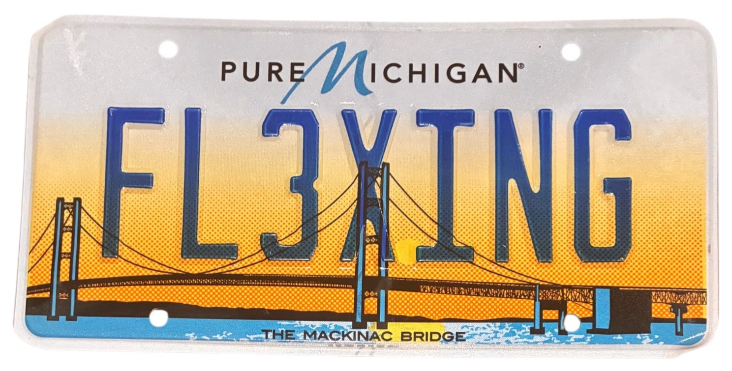 MACKINAC BRIDGE  VANITY LICENSE PLATE " FL3XING " FLEXING MUSCLE GYM WORKOUT