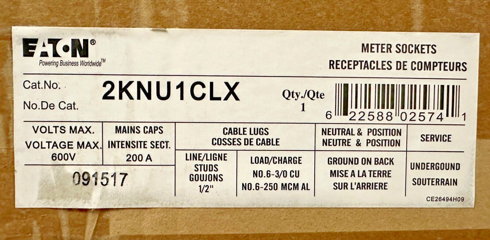 NEW EATON 2KNU1CLX 200A METER SOCKET 2-GANG 4-JAW 600 VAC RINGED 100A x 2 CSA 3R