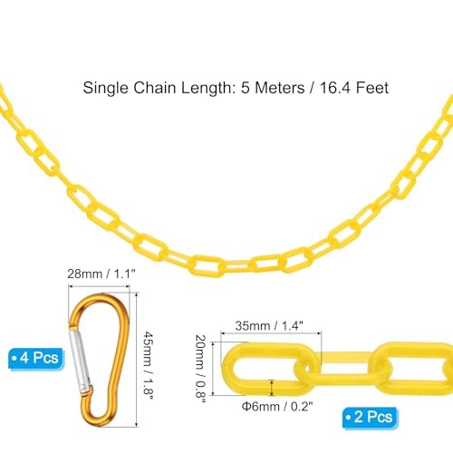 2Pcs Total Plastic Chain Barrier, Safety Link Chain with 4 Hooks 33Ft Yellow