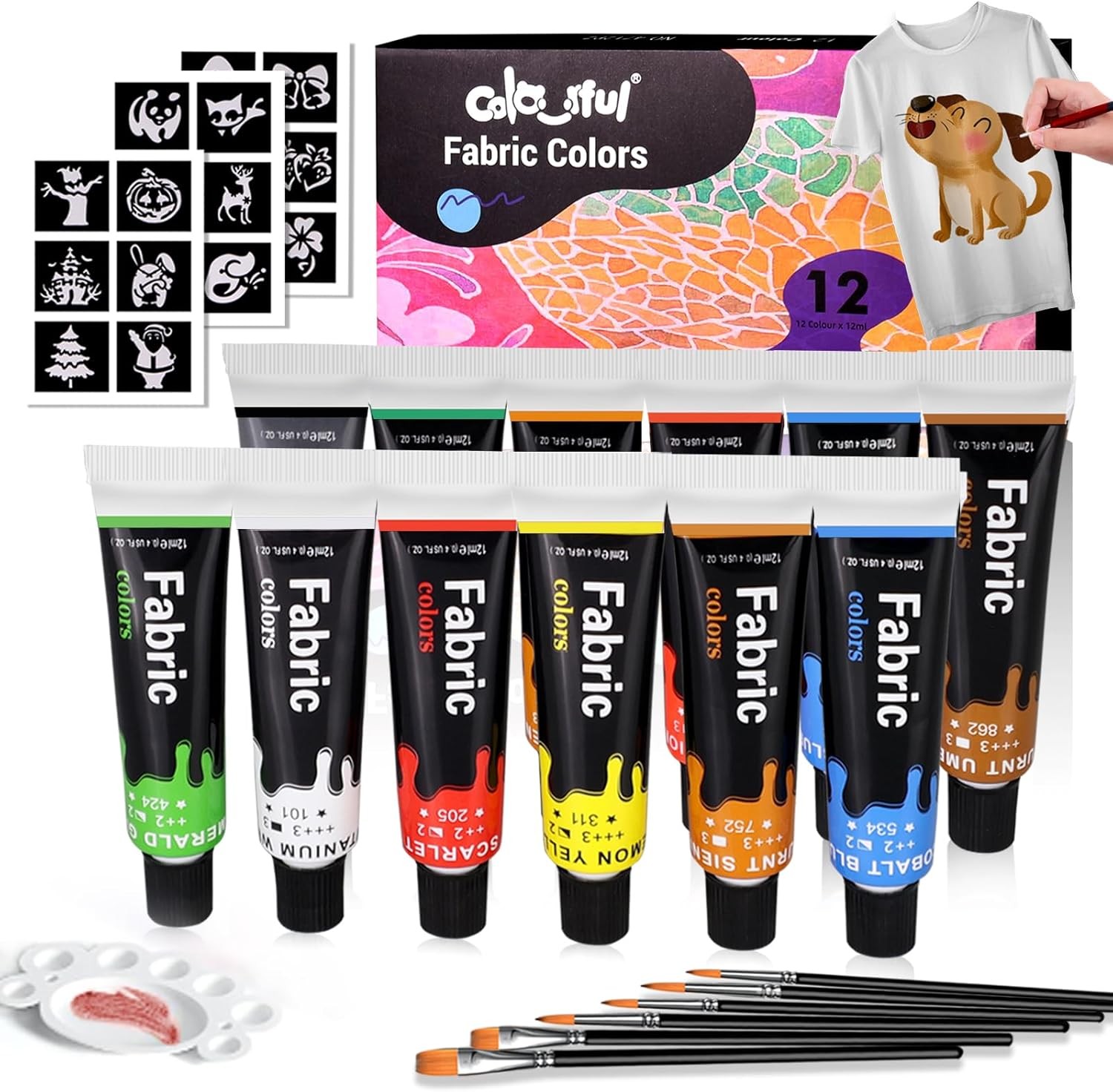 Colorful Fabric Paint Set for Clothes 12 Colors - Permanent Textile Paint Kit fo