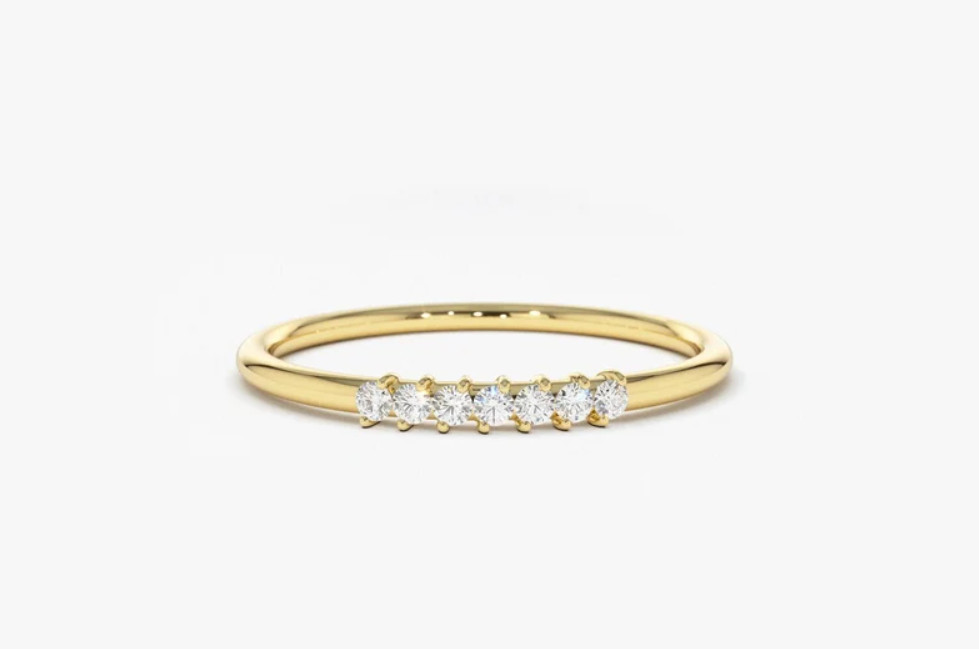 14k Solid Gold 7 Diamond Stacking Ring, Dainty Wedding Band, .10ctw Diamond Ring