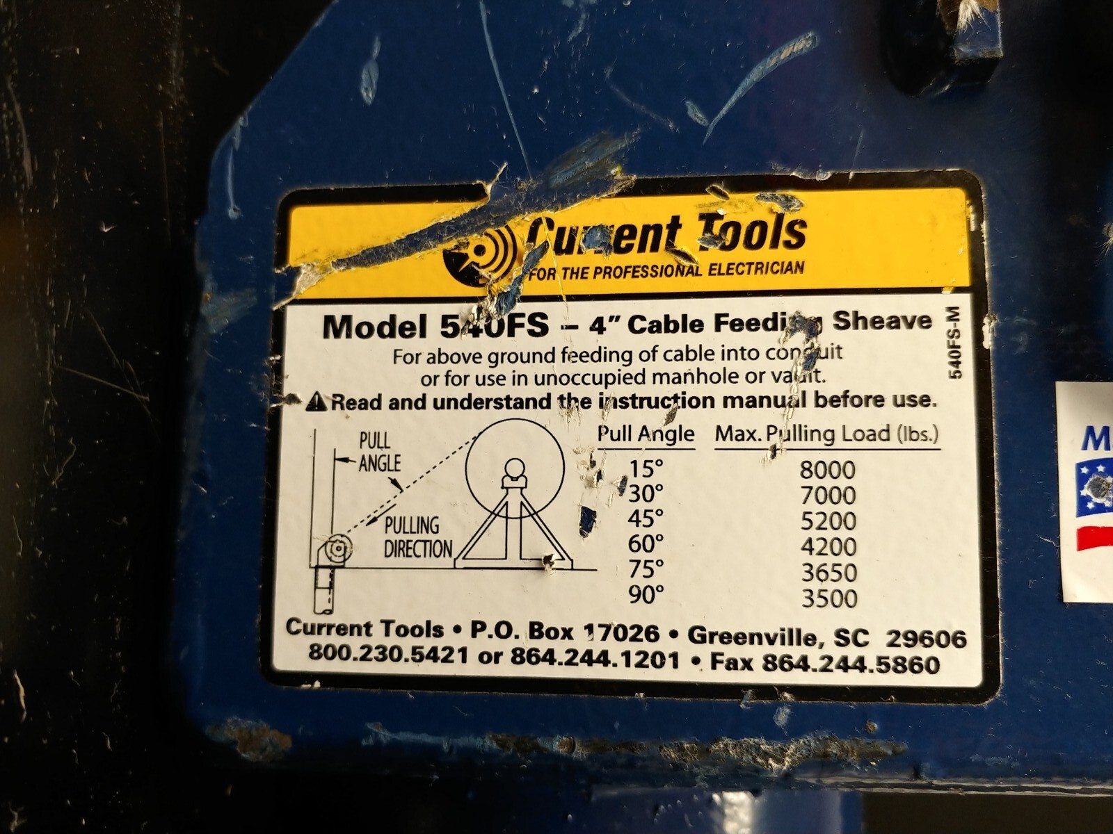 Current Tools Model 540FS Feeding Sheave 4 in. Made in USA NOS