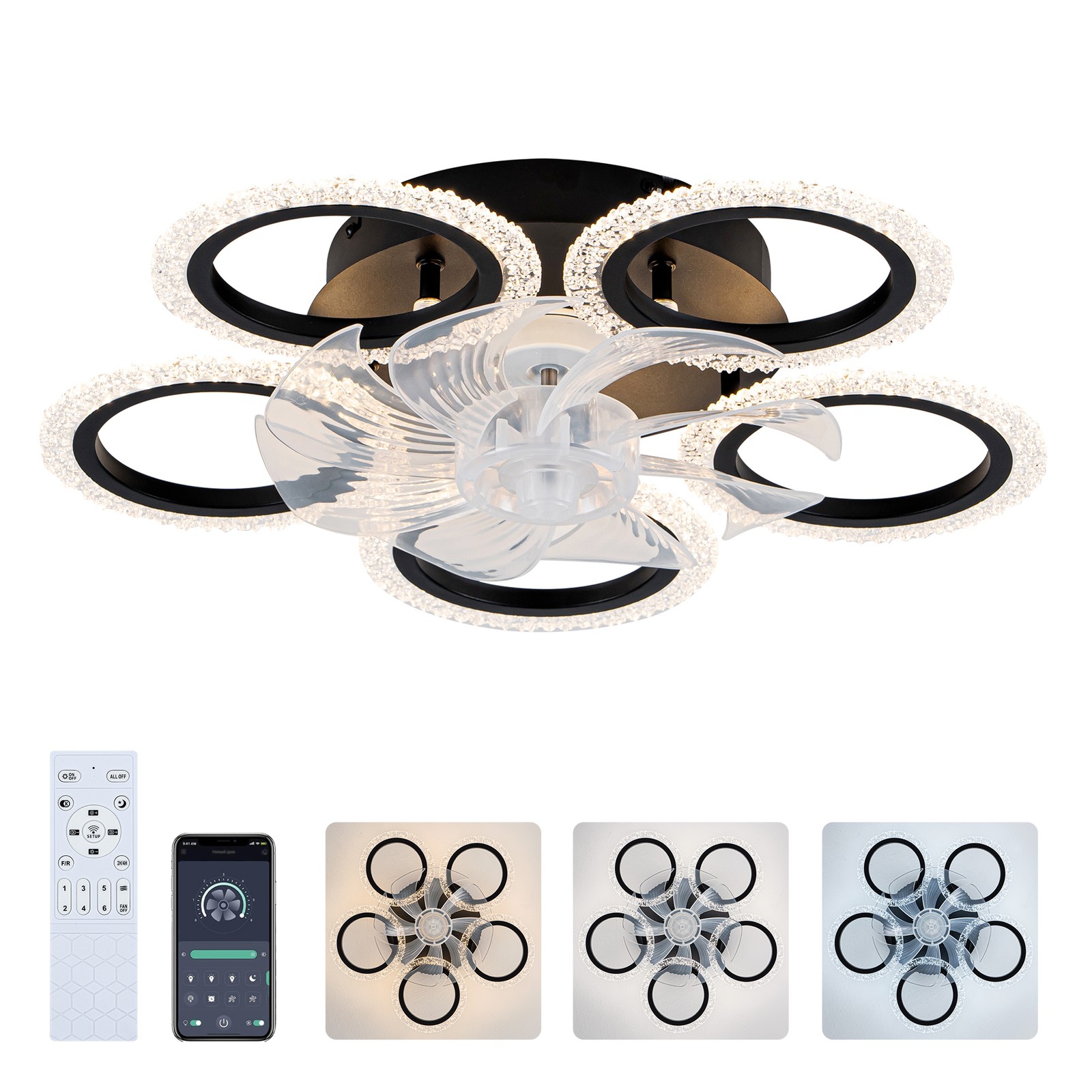20" Modern Ceiling Fan with Lights Remote Control, Black, 6 Speeds
