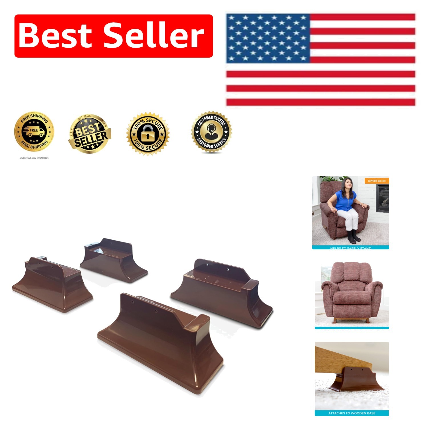 Set of 4 Low Profile Recliner Risers - Safe Chair Lifters for Adults and Seniors
