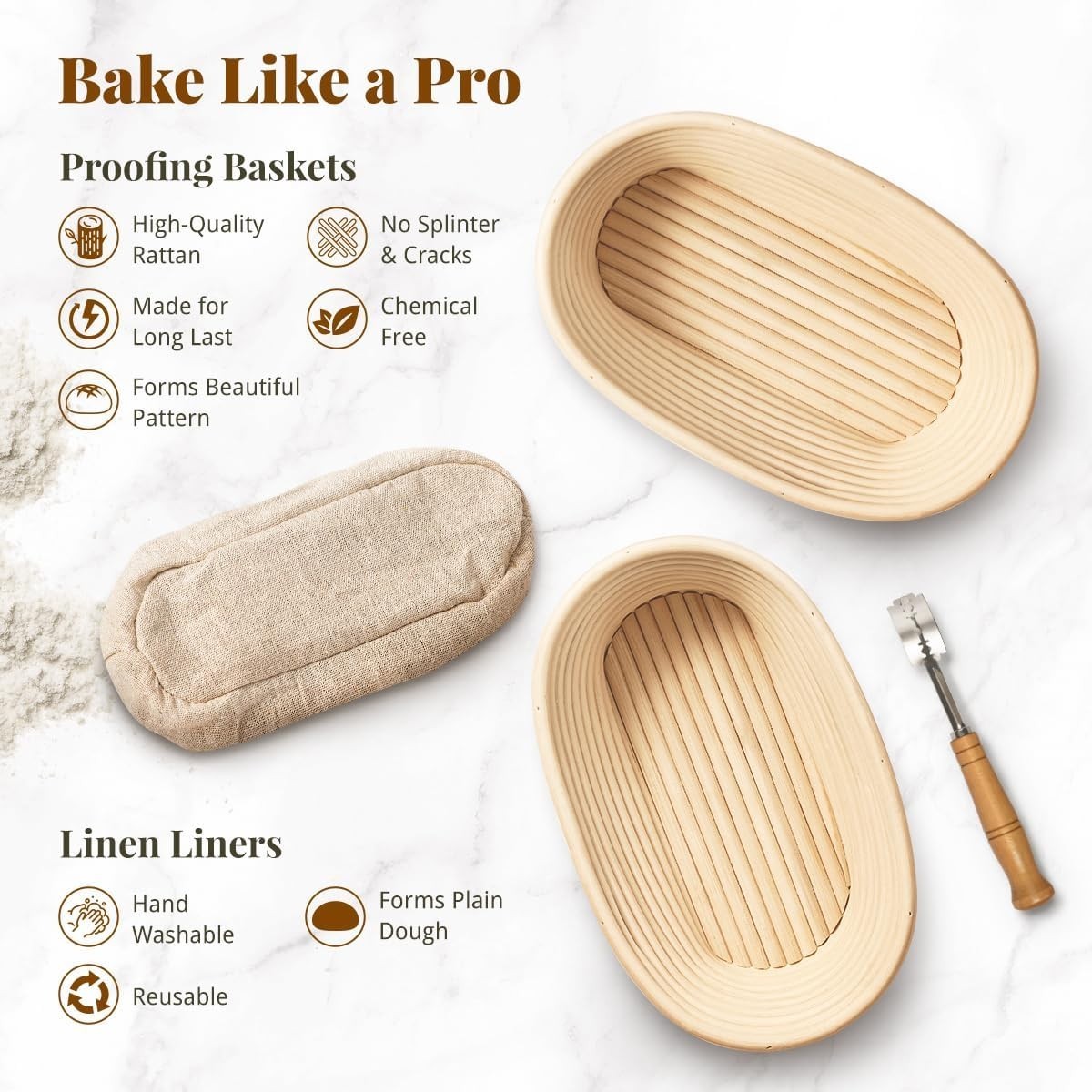 Beginner-Friendly Sourdough Bread Kit with Non-Stick Banneton Baskets - 2 Count