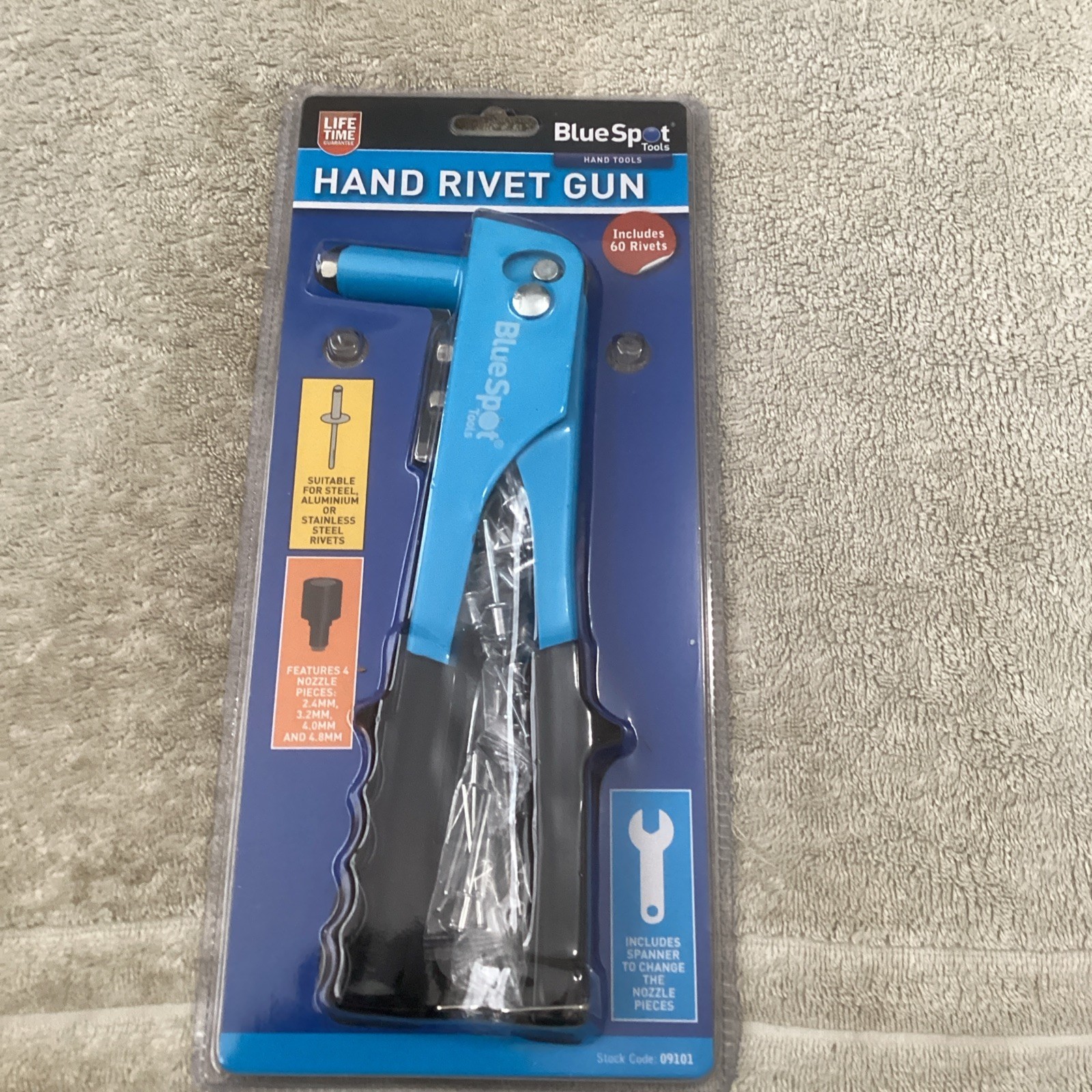 Blue Spot Hand Rivet Gun With 4 Sized Nozzles  And Pack Of 60 Rivets