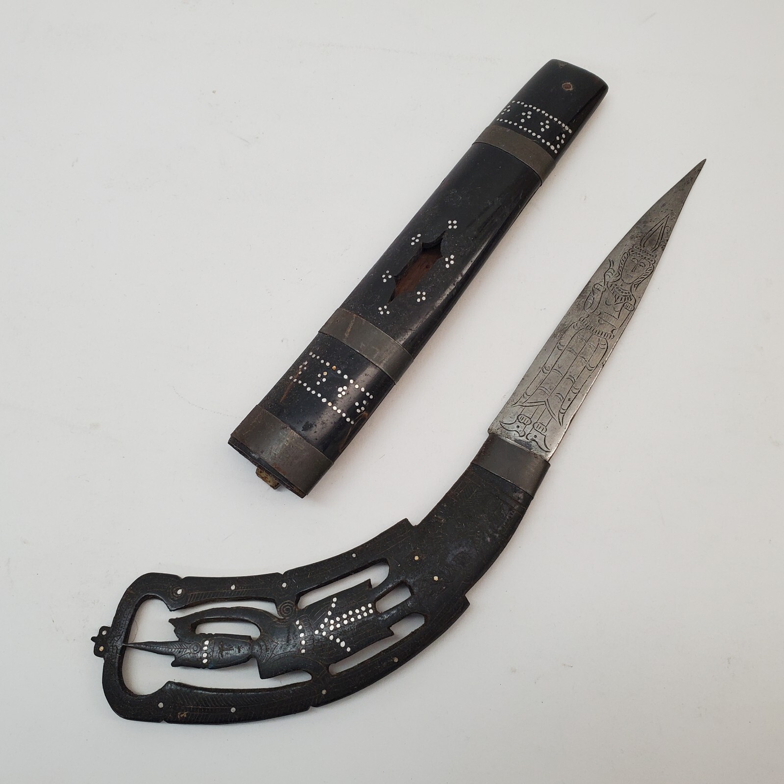 Vtg Asian Thai Dagger Kriss Carved Horn Engraved Steel Thailand Totem Luck