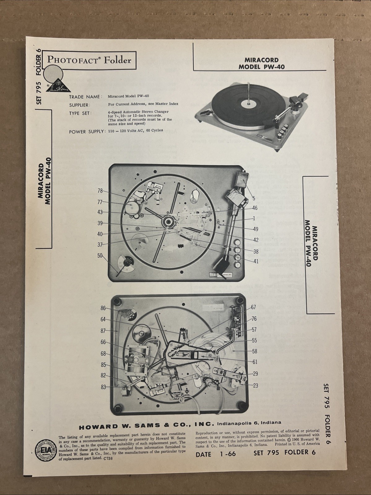 Vintage Sams Photofact Schematic 1-1966 MIRACORD MODEL PW-40