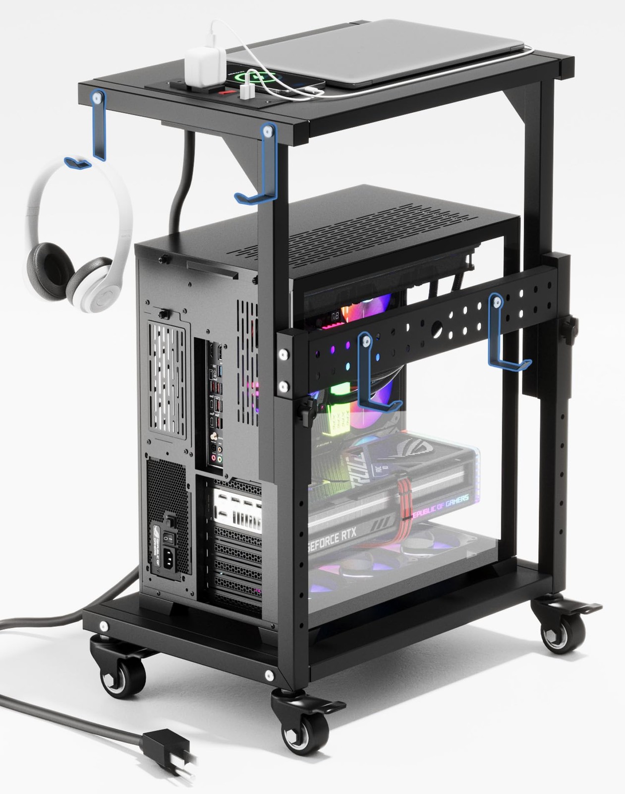 Computer Tower Stand with Power Outlet, 6 Level Height Ajustable PC Tower Sta...