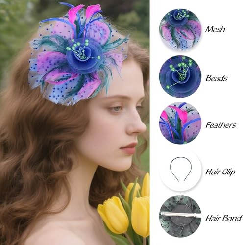 6Pcs Multicolor Tea Party Hats for Women, Fascinators with Headband and Clip,