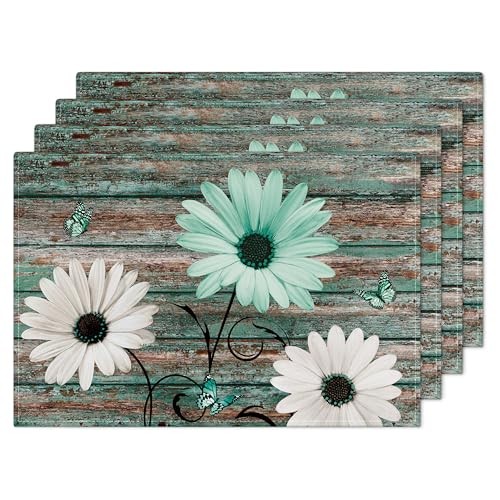 Daisy Flower Placemats Washable, Linen Rectangular Place Mats 12x18 Inch Teal