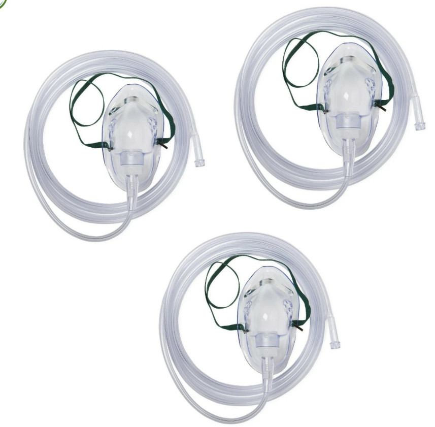 Lot of 3 Oxygen Masks Adult with 7" tubing Medline w nose clip & Elastic strap