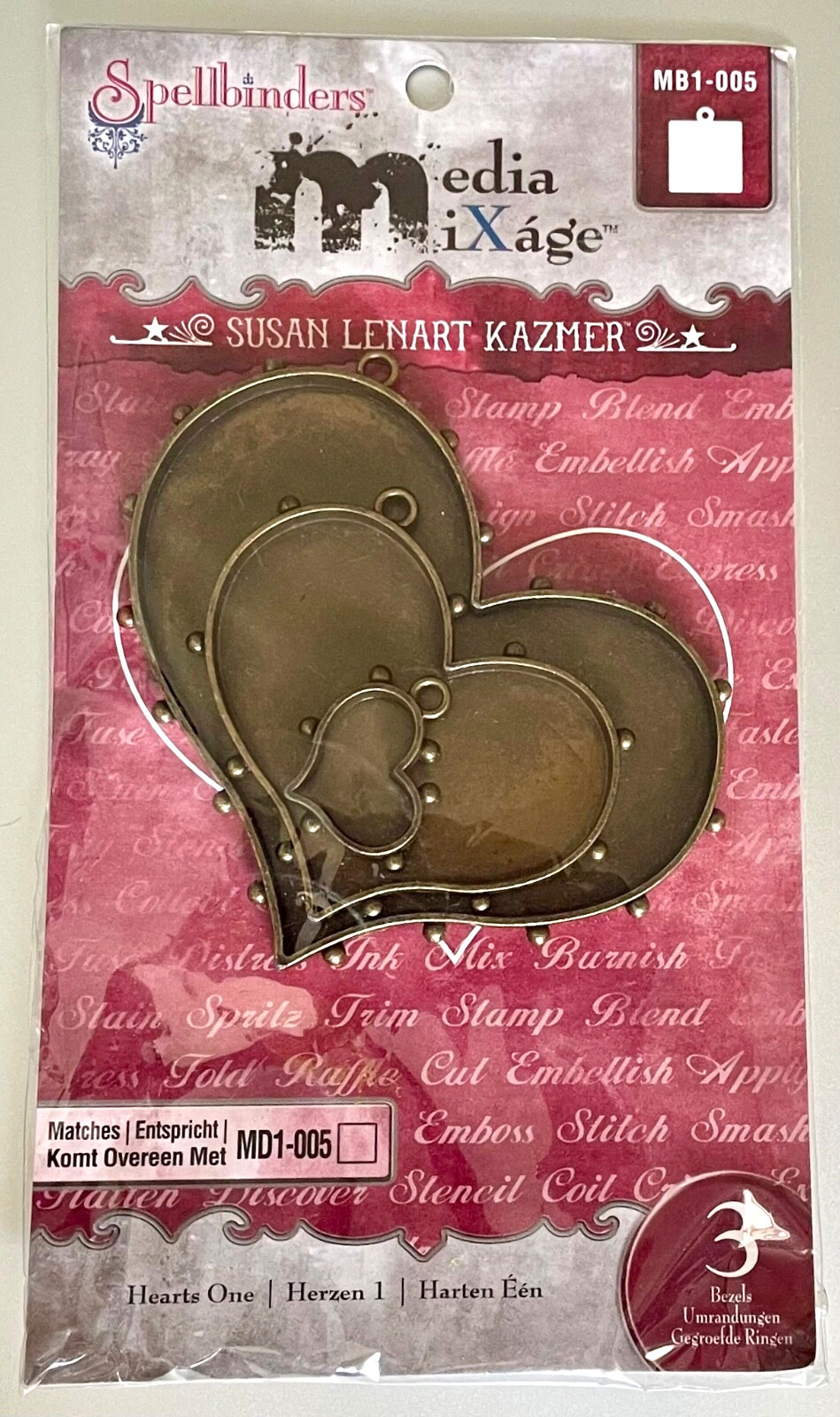 New Spellbinders Media Mixage Susan Kazmer Hearts One 3 Heart Bezels MB1-005