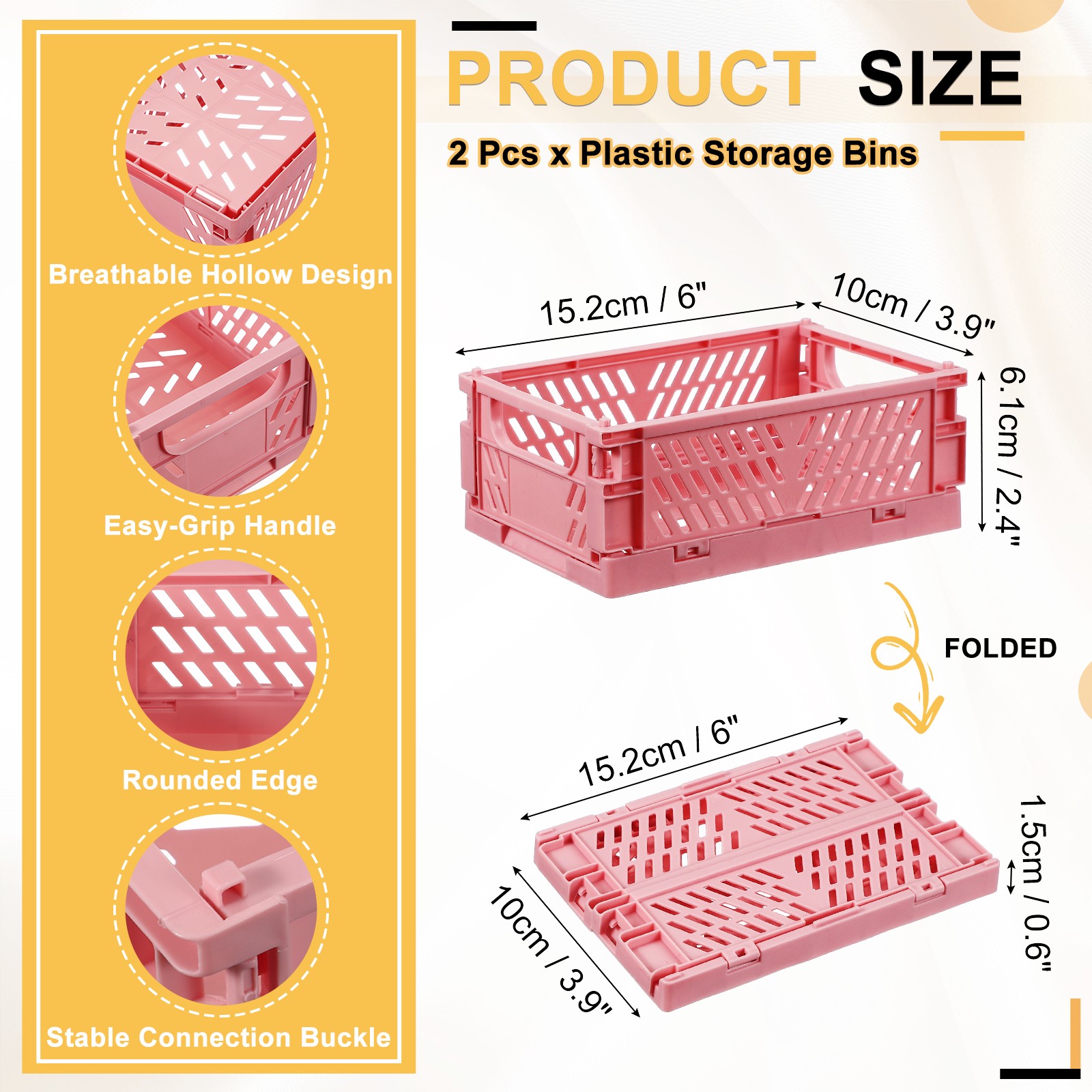 2Pcs Plastic Storage Baskets, Stackable Bins(6 x 3.9 x 2.4", Pink)