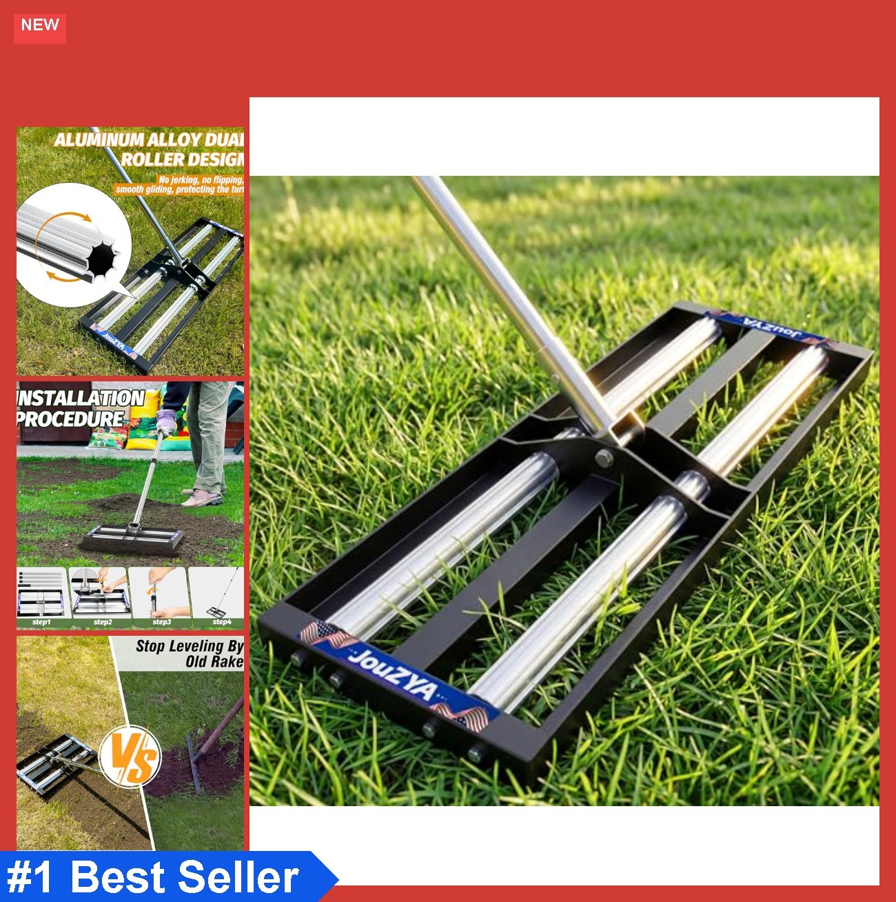Lawn Leveling Rake 17x10 Inch Aluminum Roller Stainless Steel Adjustable Handle