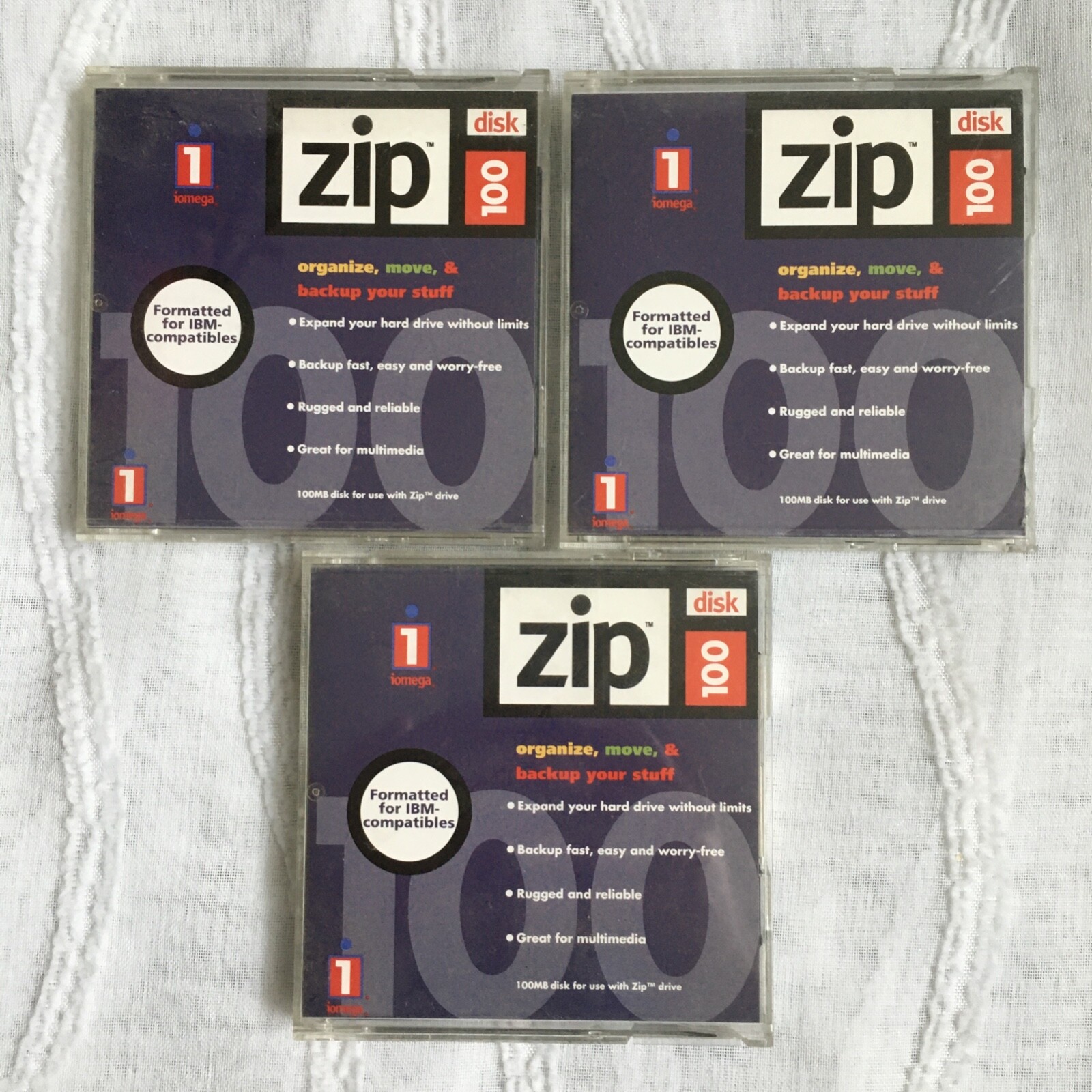 EUC Lot of 3 Genuine Iomega Zip Disks 100 MB w/ Jewel Cases IBM PC OEM