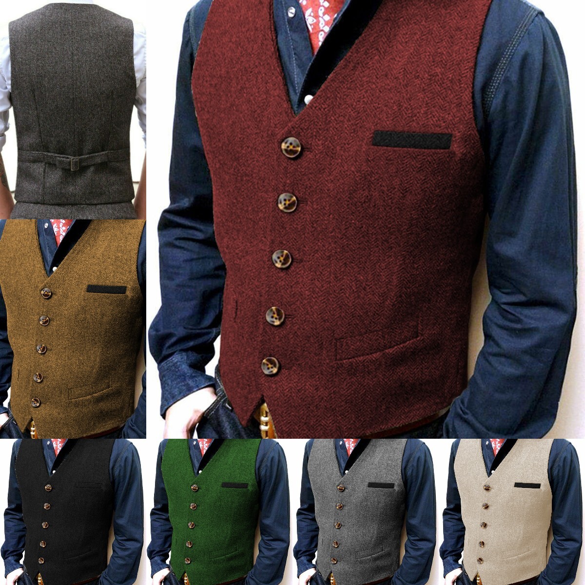 Men Casual Herringbone Waistcoat Tweed Vest Wedding Vintage Wool Groomsman Retro