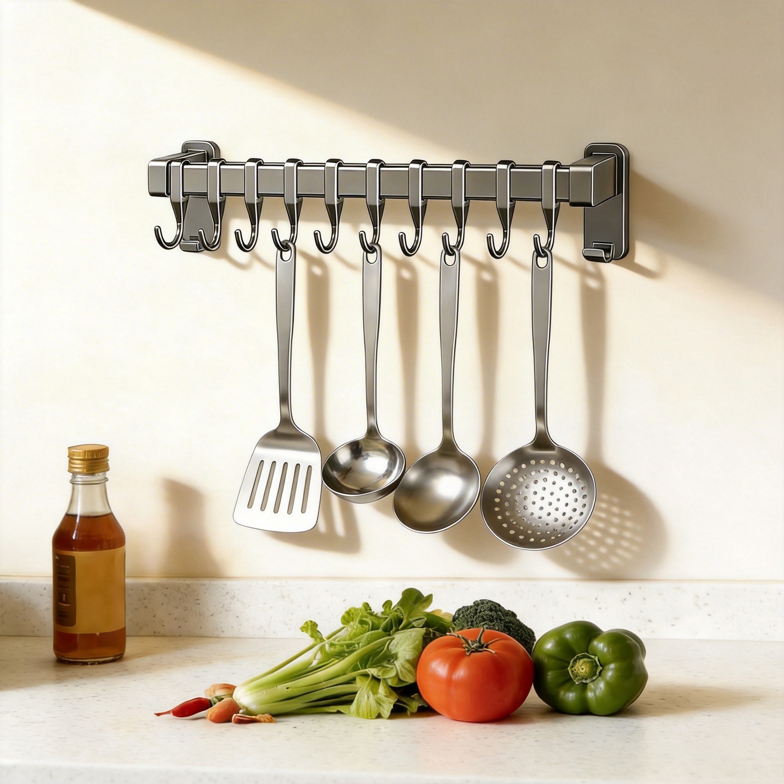 Wall Mounted Storage Rack with 10 Hooks for Knife Spatula Pot Lid Apron