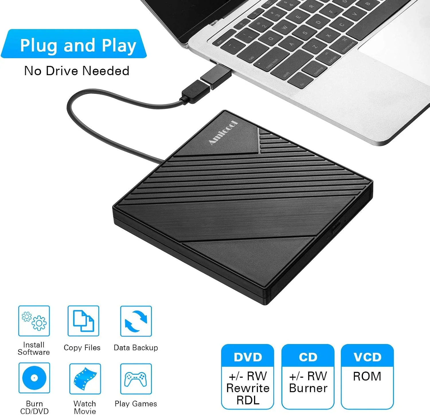 Amicool External DVD Drive USB 3.0 USB C CD Burner CD/DVD +/-RW Optical Drive, S