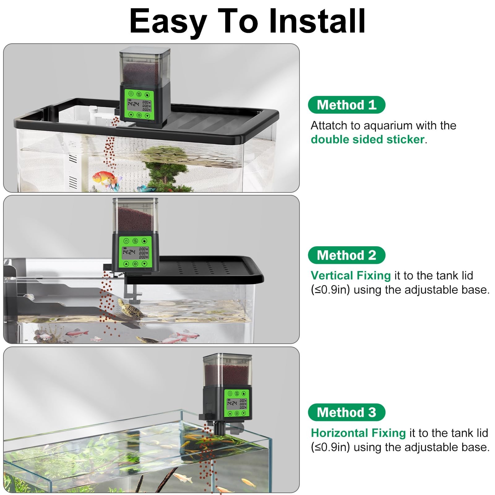 Lychee Automatic Fish Feeder - USB Rechargeable 320ML Large 320ml, Black
