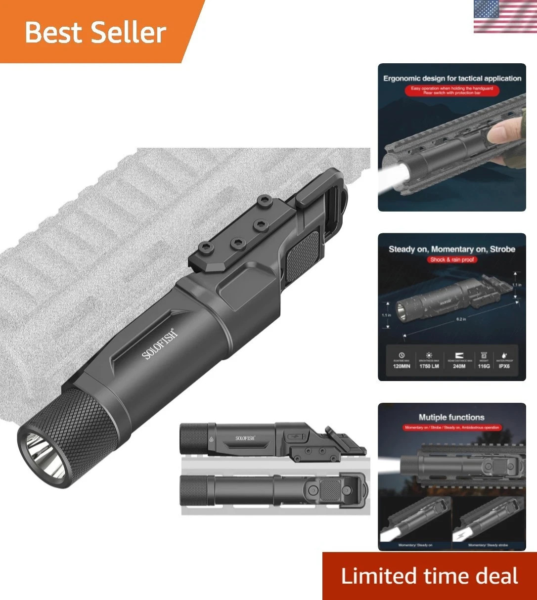 1750 Lumens Tactical Flashlight is Compatible with Picatinny/Mlok Rail for Ri...
