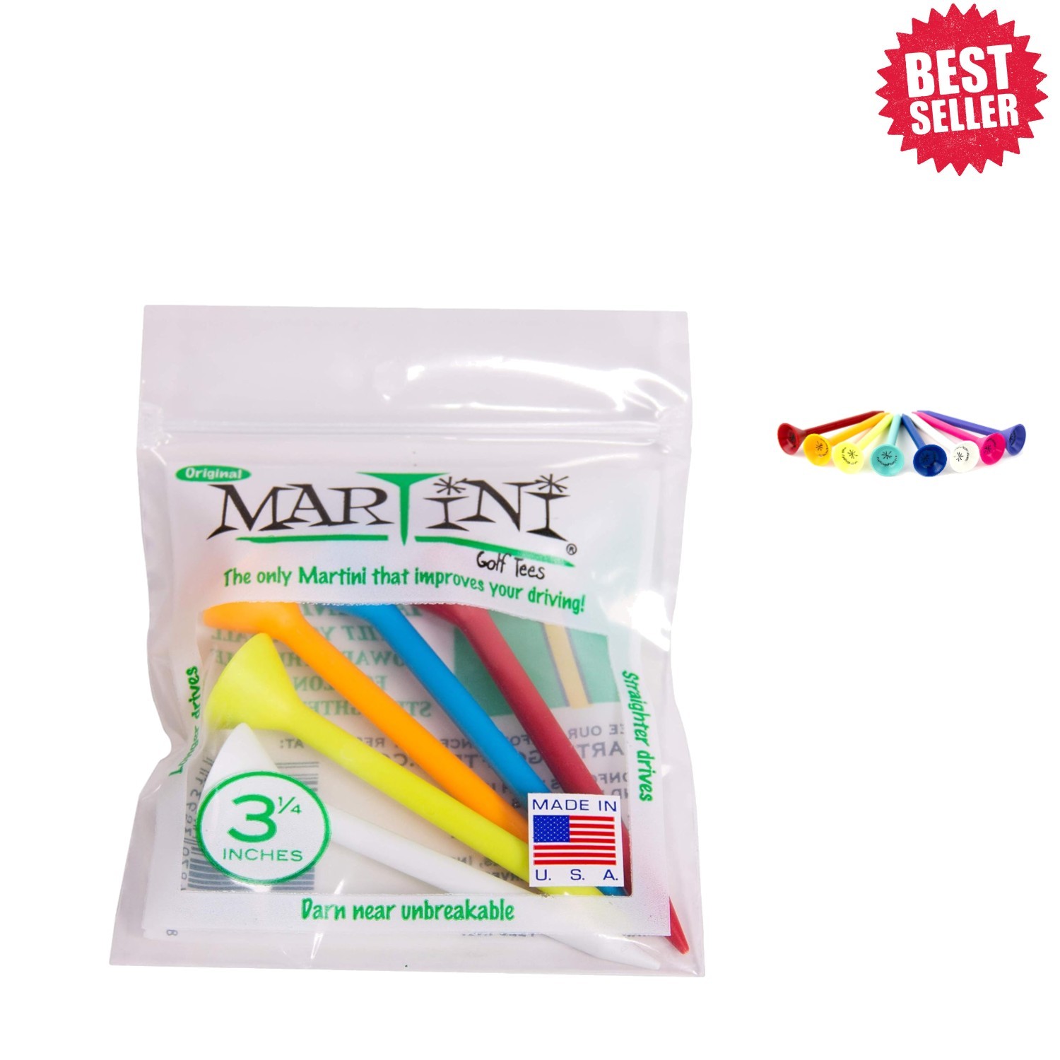 Durable 3-1/4" Martini Golf Tees - Ideal for Wood Clubs, 5-Pack Assorted Colors